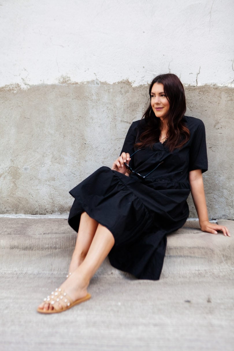 Black Linen Blend Midi Dress with Pearl Sandals Black Linen Blend Midi Dress with Pearl Sandals — Black Dress Outfits