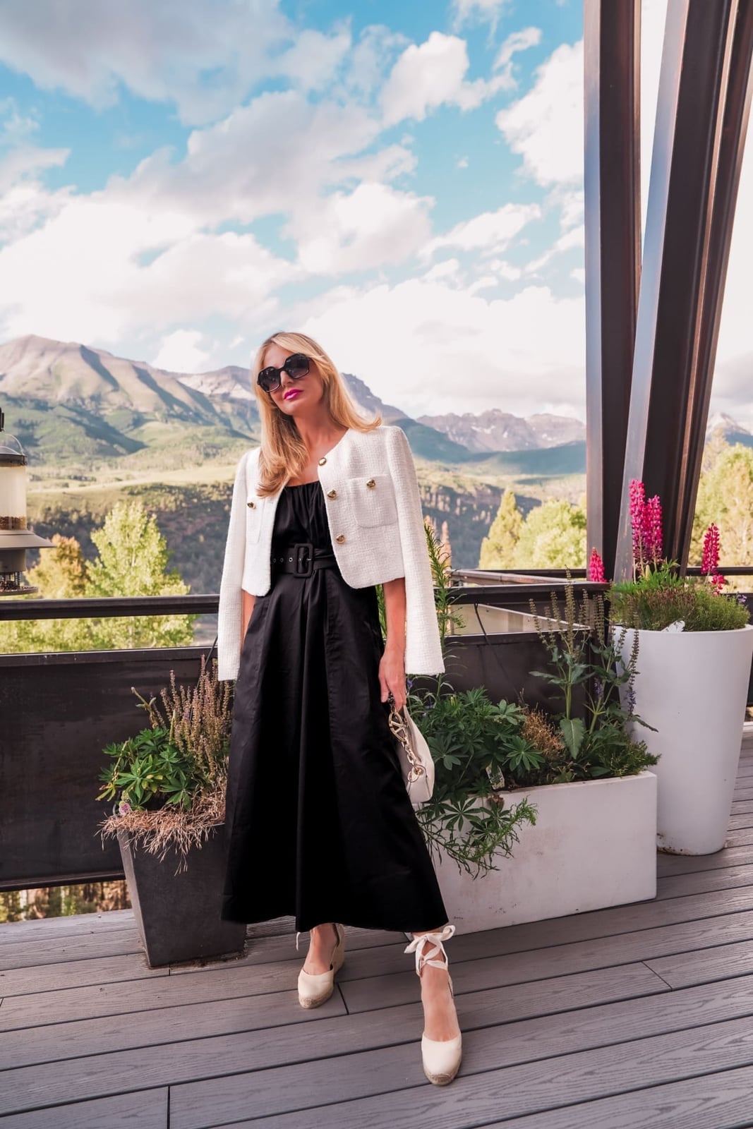 Black Midi Dress with White Tweed Jacket Black Midi Dress with White Tweed Jacket — Black Dress Outfits