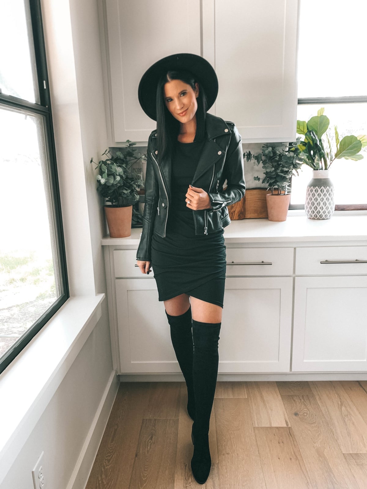 Black Mini Dress with Leather Moto Jacket Black Mini Dress with Leather Moto Jacket — Black Dress Outfits