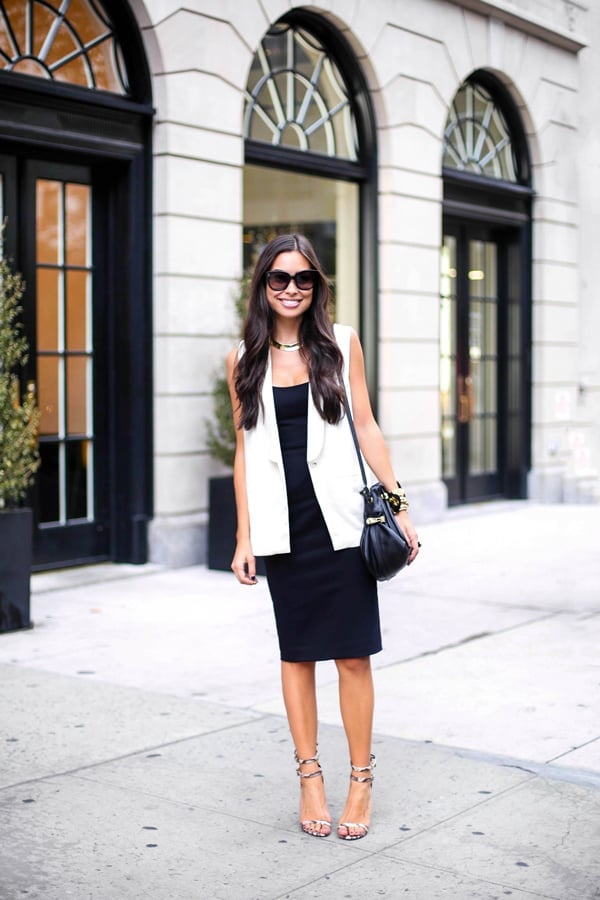 Black Midi Dress with White Vest Black Midi Dress with White Vest — Black Dress Outfits