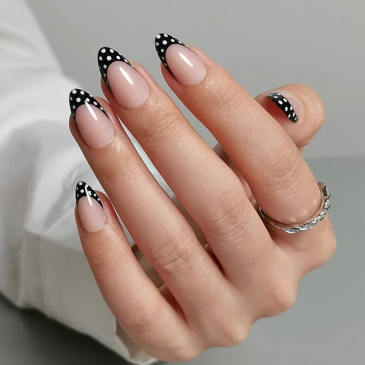 Almond Black French With White Polka Dots Almond Black French With White Polka Dots — Black French Nails