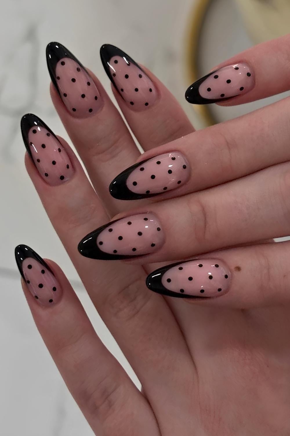 Almond Black French Polka Dots With Sheer Nude Base Almond Black French Polka Dots With Sheer Nude Base — Black French Nails