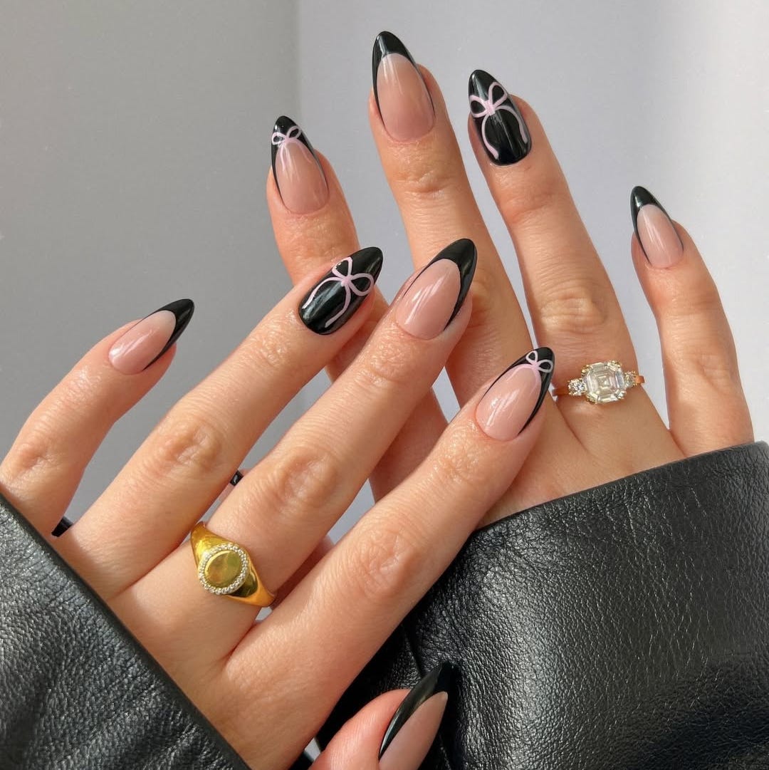 Almond Black French Pink Bows Almond Black French Pink Bows — Black French Nails