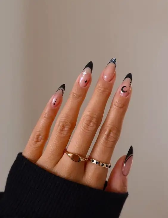 Long Almond Black French Celestial Long Almond Black French Celestial — Black French Nails