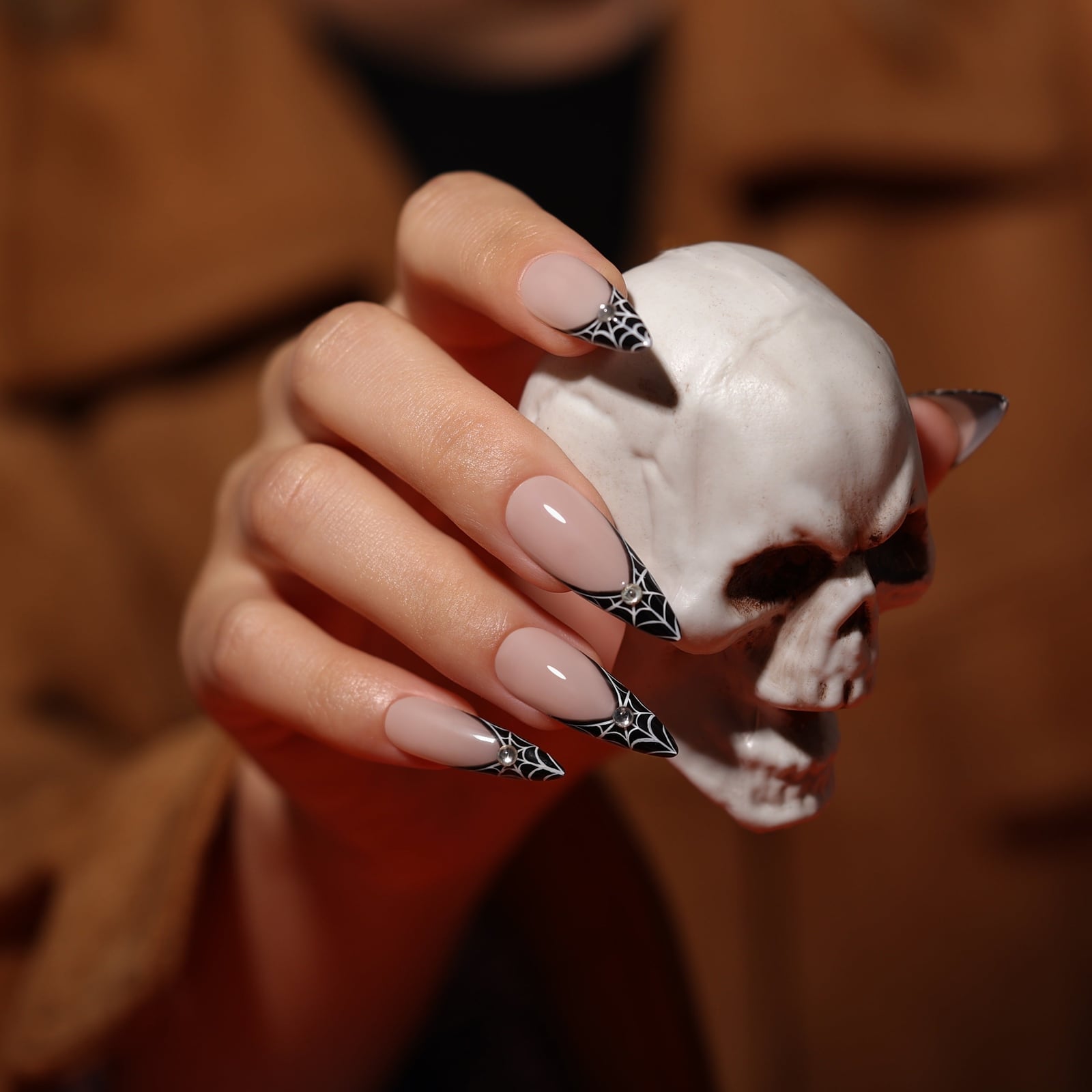 Long Almond Black French Spider Web Long Almond Black French Spider Web — Black French Nails