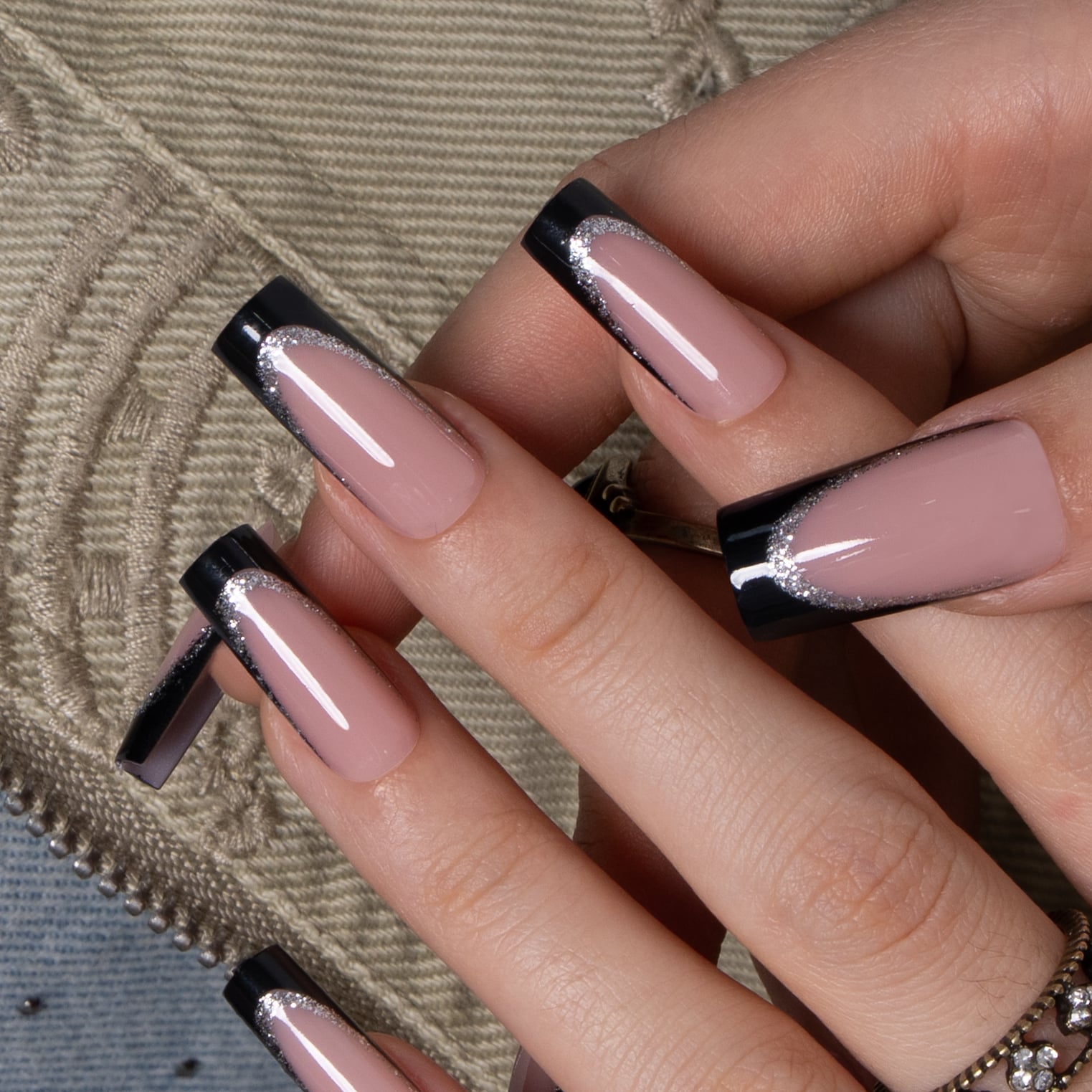 Long Square Black French Silver Glitter Long Square Black French Silver Glitter — Black French Nails