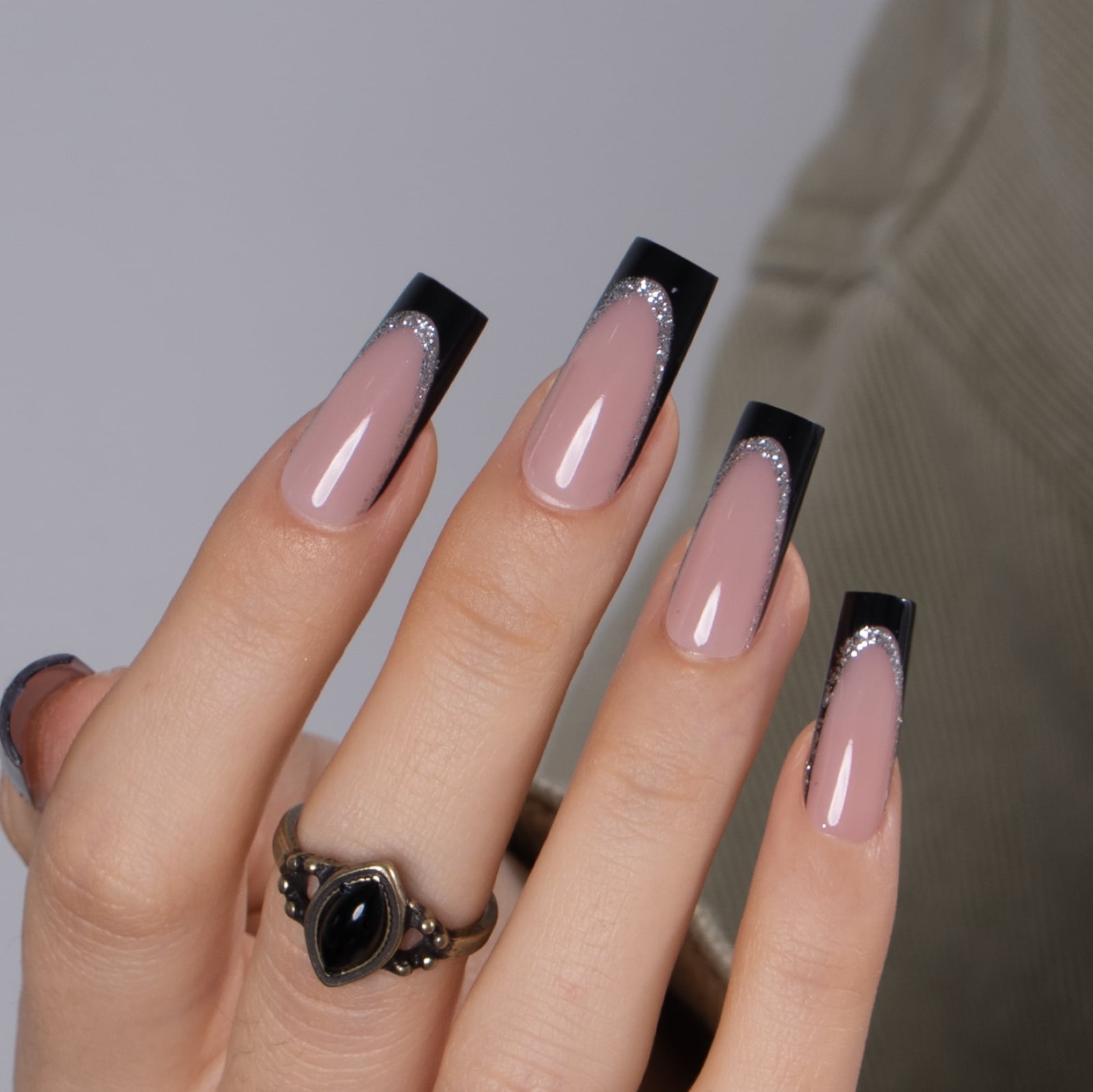 Long Square Black French Silver Glitter With длинные квадратные Long Square Black French Silver Glitter With длинные квадратные — Black French Nails