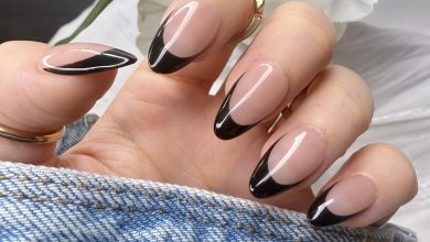 Simple Black French Tip | Short Almond Press On Nails | Nude Base