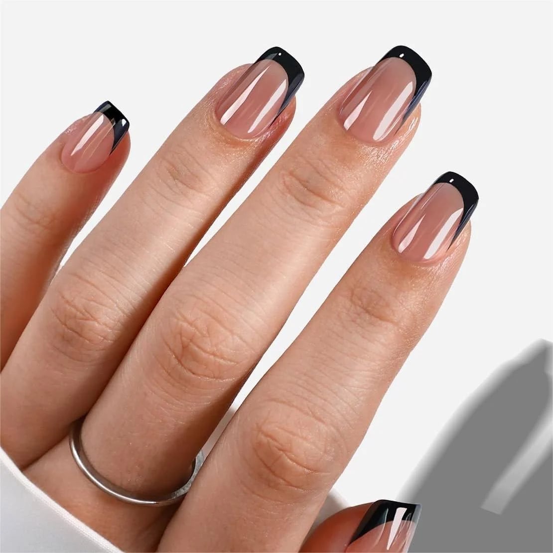 Sharp Black French Medium Square Nails Sharp Black French Medium Square Nails — Black French Tip Nails