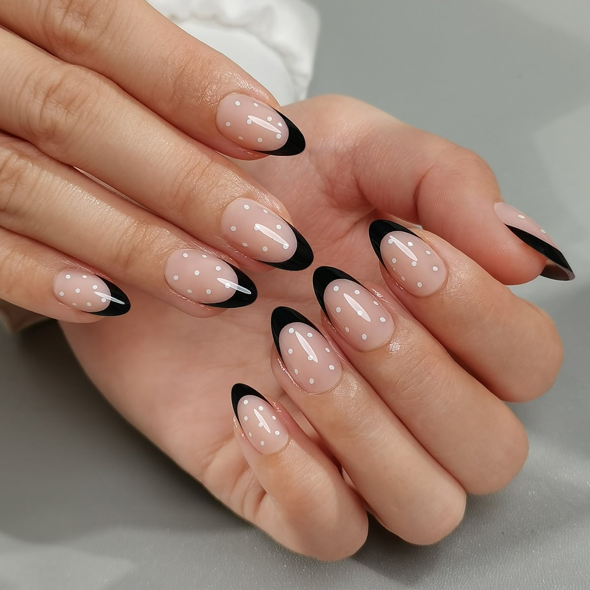 Polka Dot Black French Medium Almond Nails Polka Dot Black French Medium Almond Nails — Black French Tip Nails