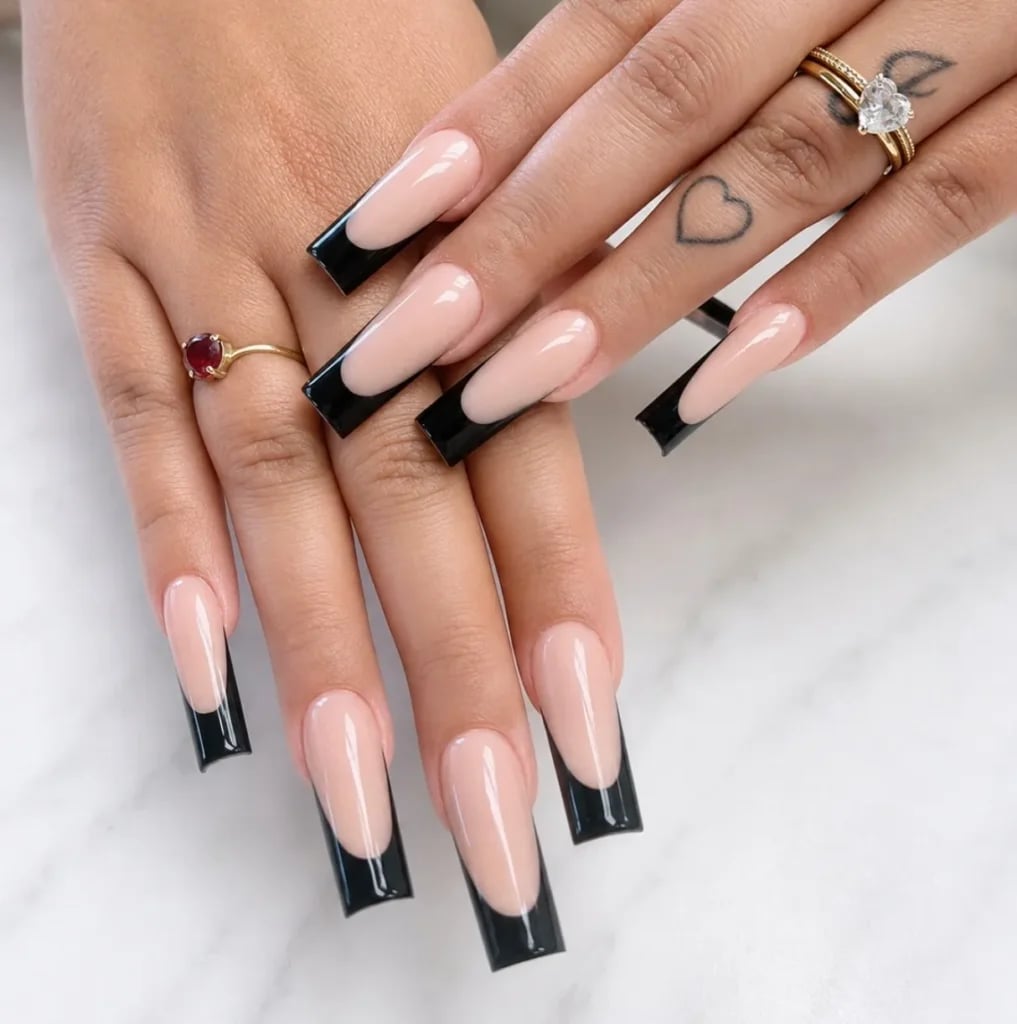 Sharp Black French Long Coffin Nails Sharp Black French Long Coffin Nails — Black French Tip Nails