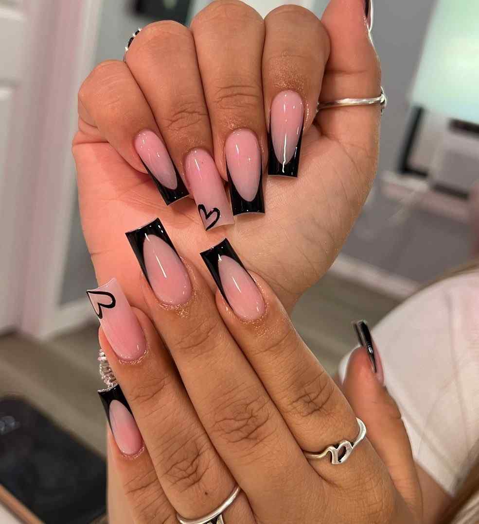 Heart Motif Black French Long Square Nails Heart Motif Black French Long Square Nails — Black French Tip Nails