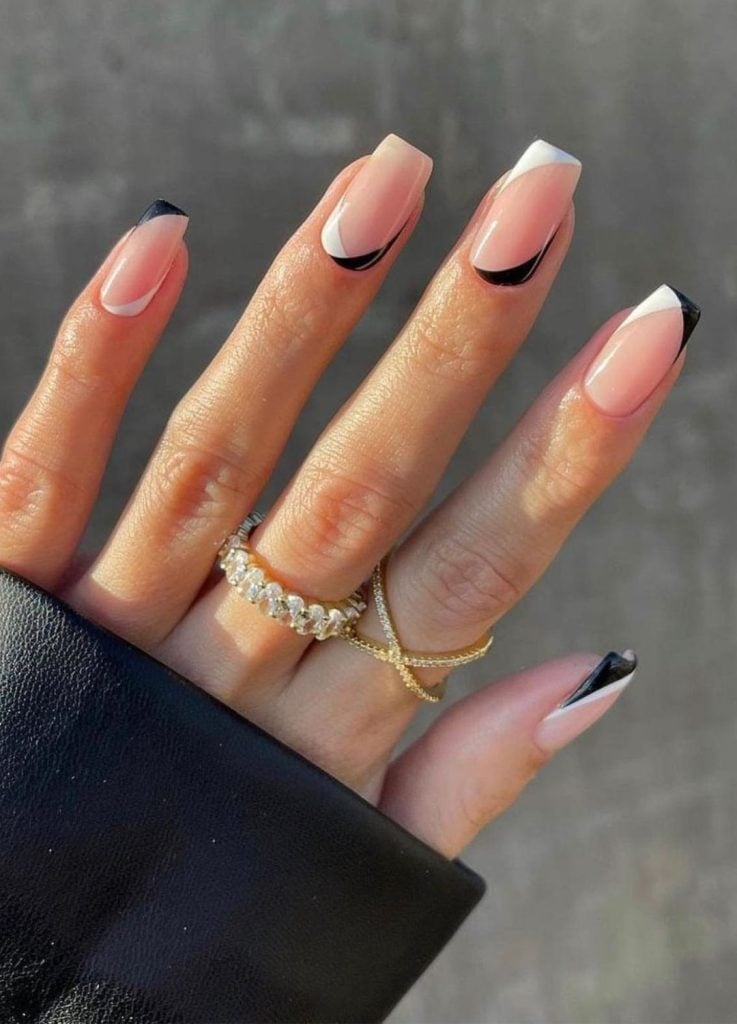 Mixed Black and White French Almond Nails Mixed Black and White French Almond Nails — Black French Tip Nails