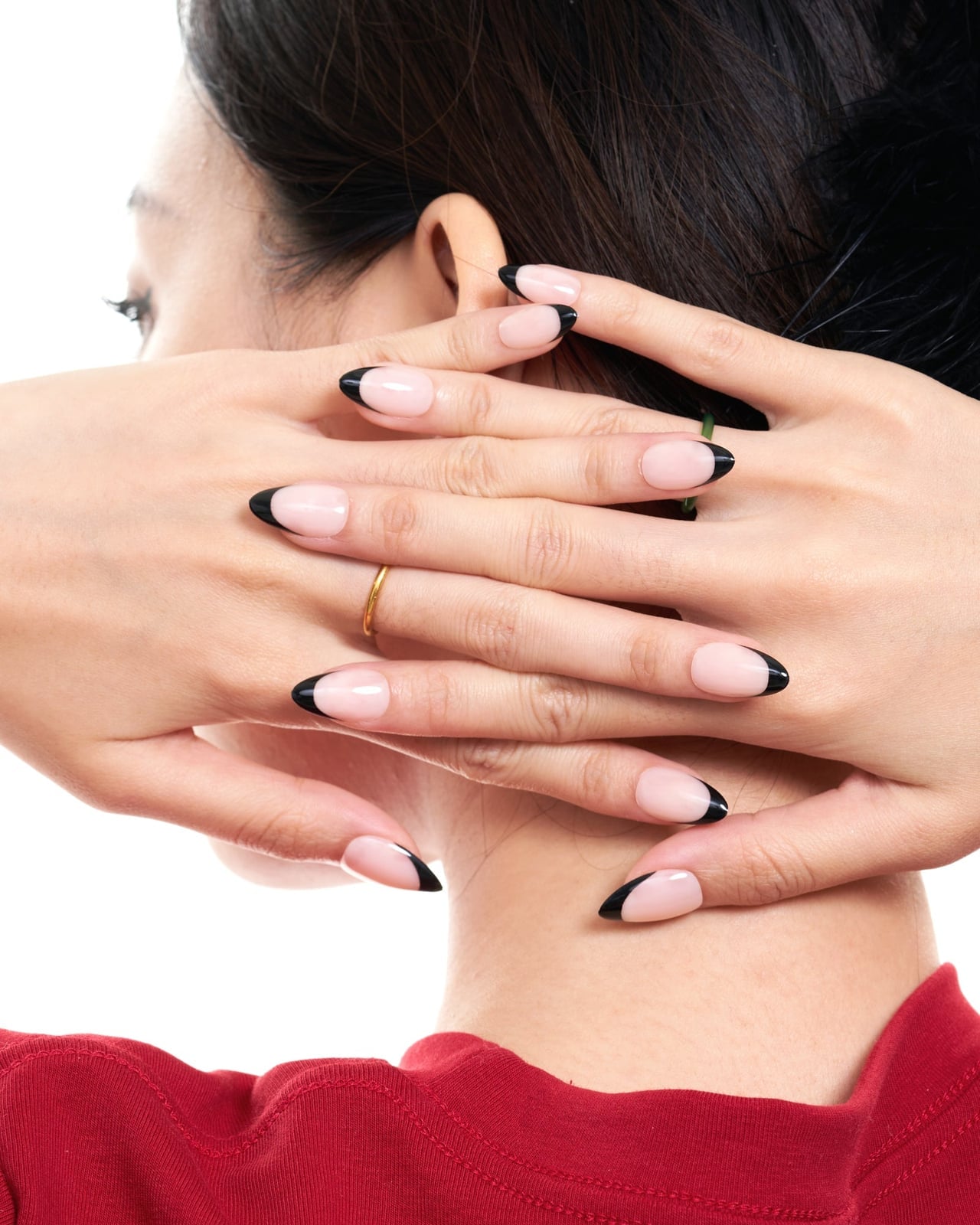 Classic Black French Short Almond Design With Sheer Nude Base Classic Black French Short Almond Design With Sheer Nude Base — Black French Tip Nails