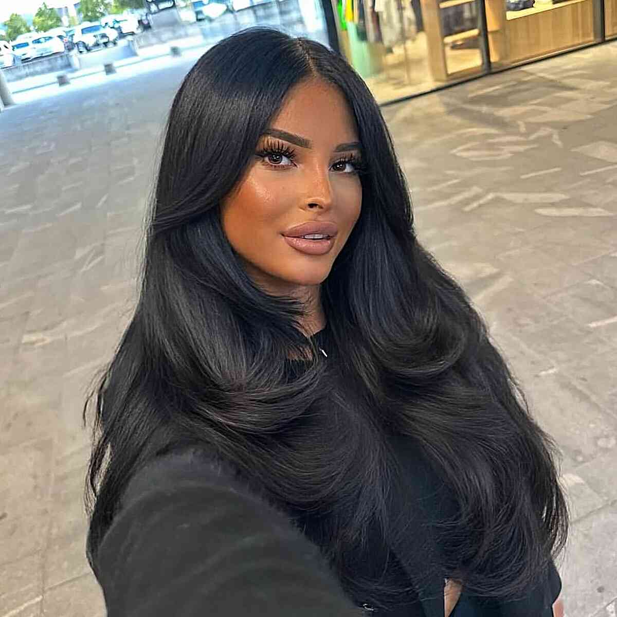 Sleek Jet Black Blowout With Layers — Black Hair