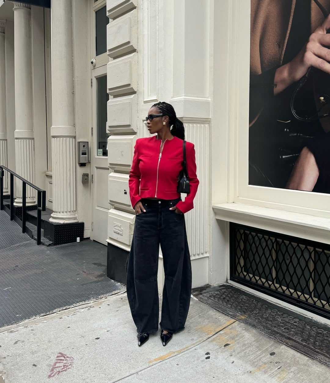 Wide Leg Black Jeans with a Cropped Red Jacket — Black Jeans Outfits