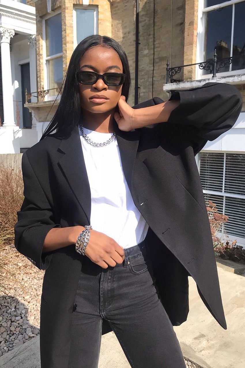 Black Straight Leg Jeans with Oversized Blazer — Black Jeans Outfits