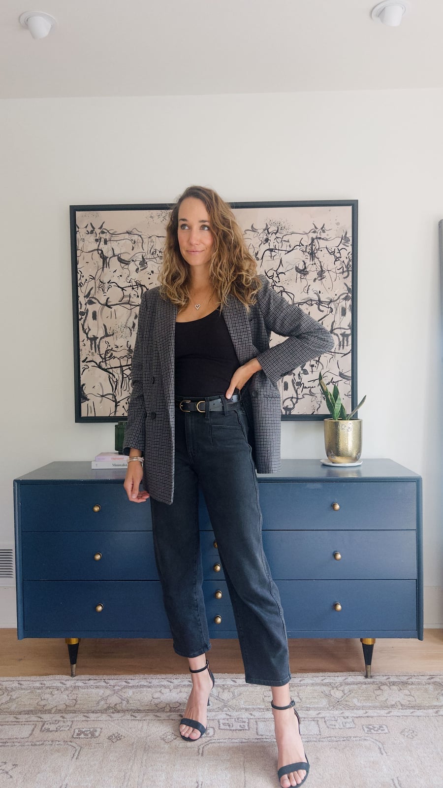 Straight Leg Black Jeans with Plaid Blazer and Navy, Close-Up Take — Black Jeans Outfits