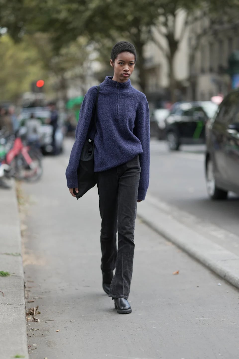 Black Flared Jeans with Navy Knit Sweater, Close-Up Take — Black Jeans Outfits