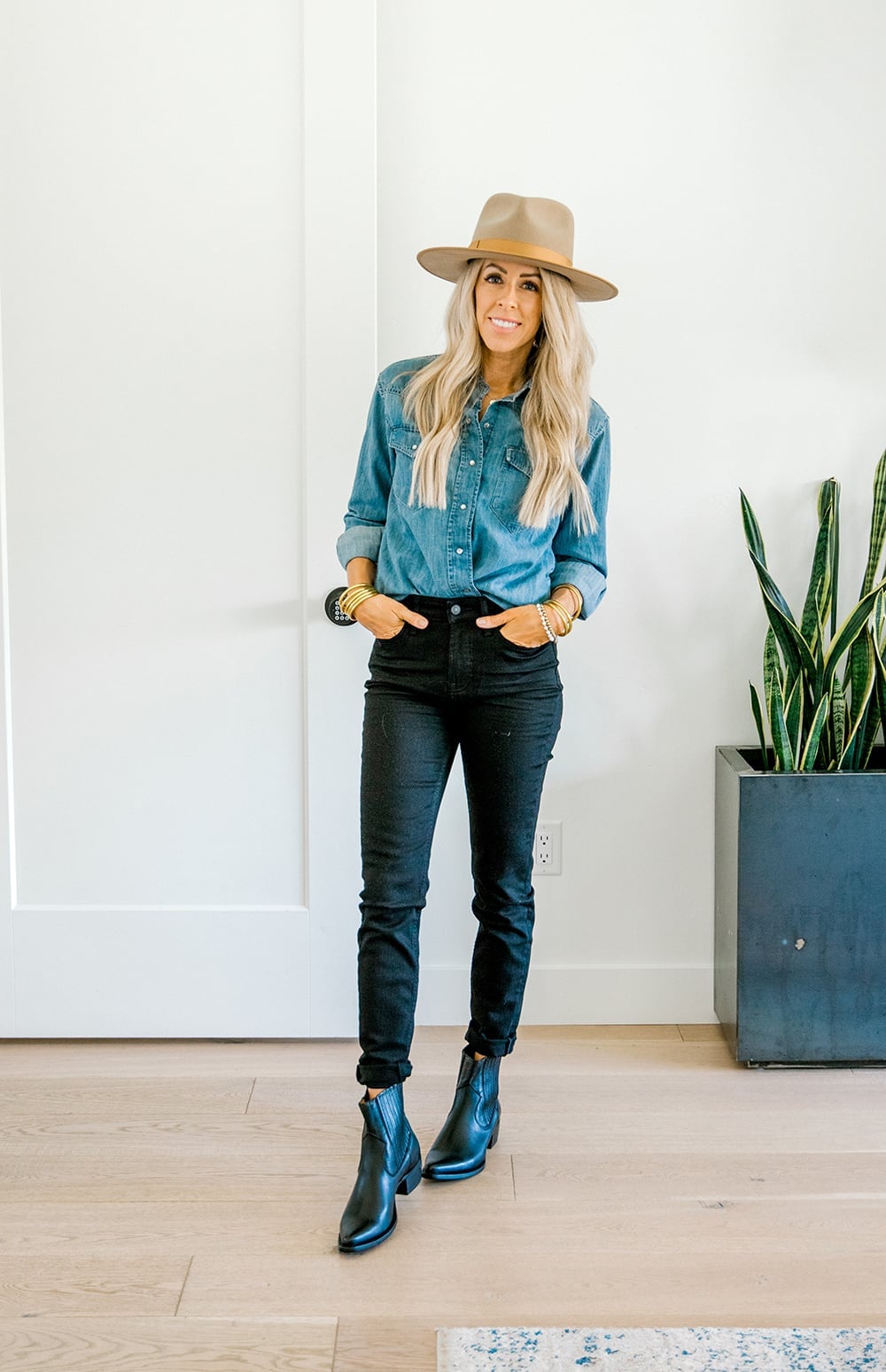 Black Fitted Jeans with Blue Denim Shirt — Black Jeans Outfits