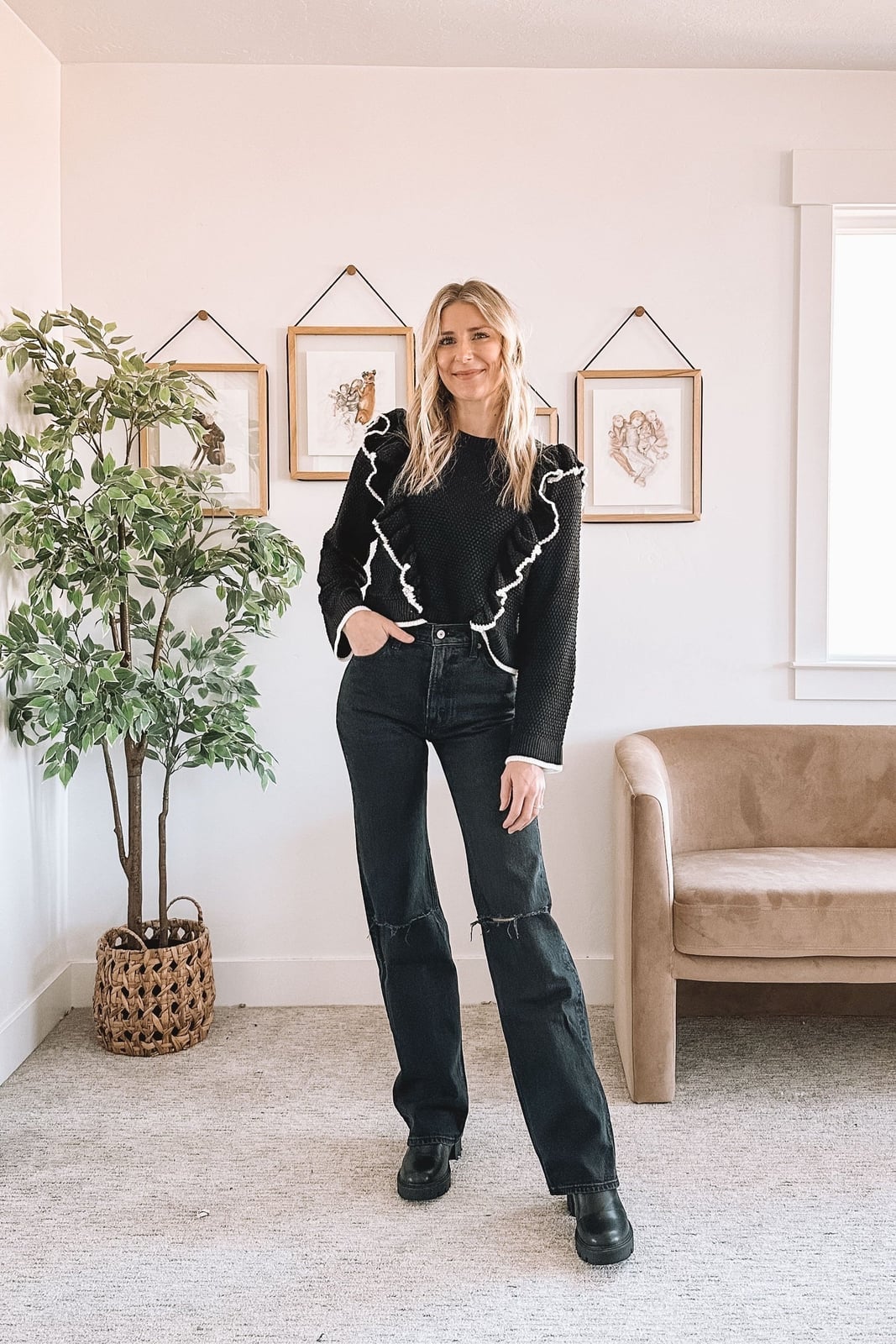 Straight Leg Black Jeans with Ruffled Sweater — Black Jeans Outfits