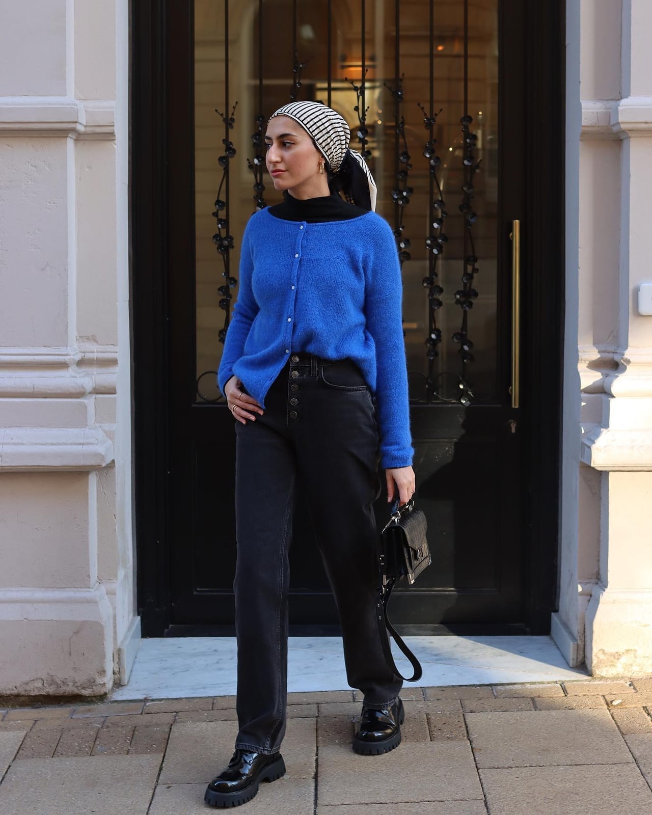 Straight Leg Black Jeans with Blue Cardigan and Chunky Loafers — Black Jeans Outfits