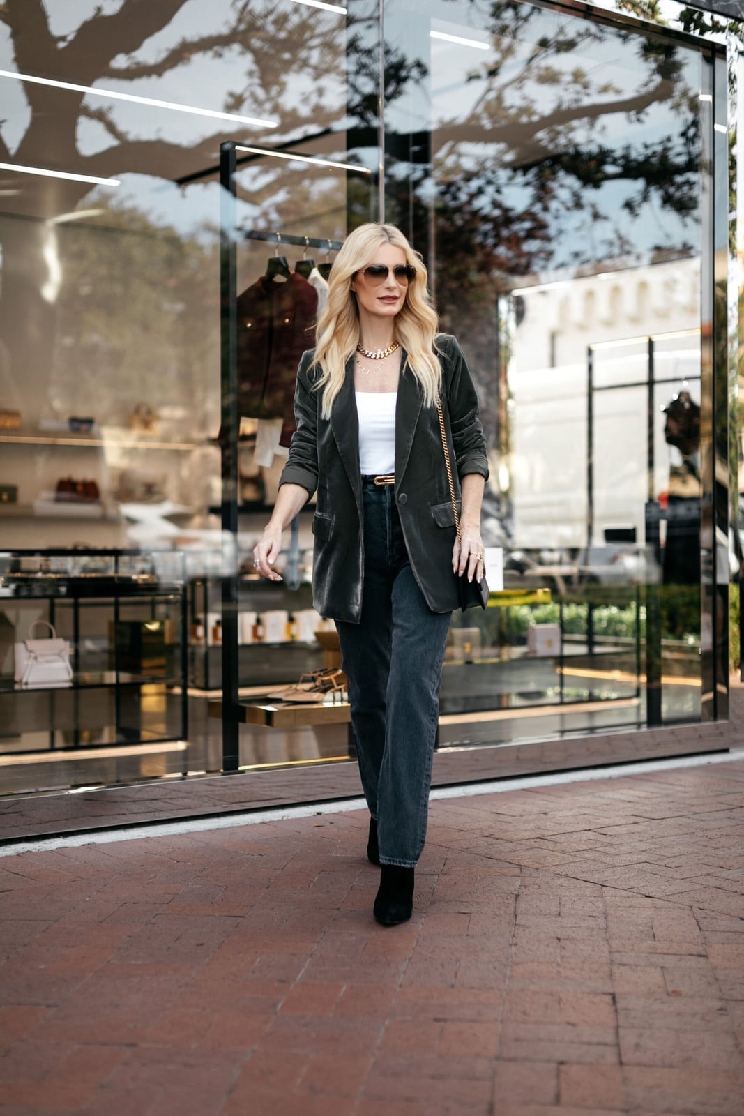Black Straight Leg Jeans with Velvet Blazer, Gray — Black Jeans Outfits