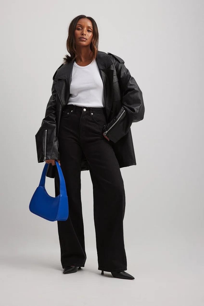 Oversized Leather Jacket Over Black Wide Leg Jeans — Black Jeans Outfits