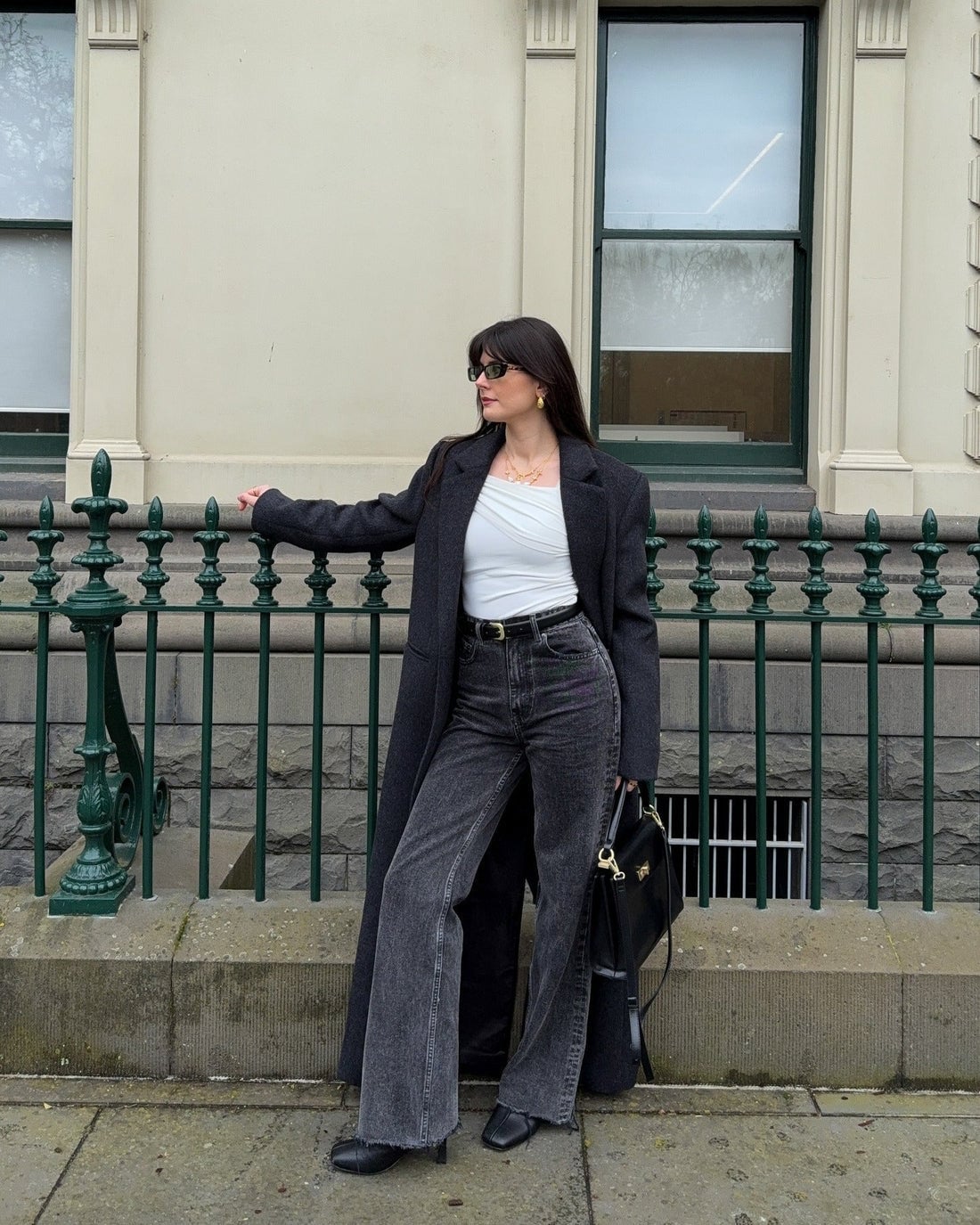 Gray Washed Black Jeans with an Oversized Gray Coat — Black Jeans Outfits