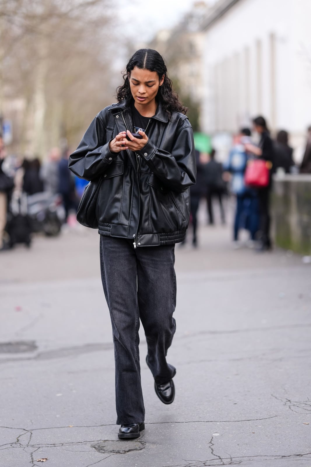 Dark Gray Wide Leg Jeans with Faux Leather Jacket — Black Jeans Outfits