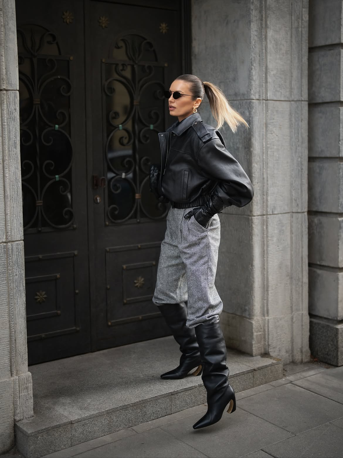 Black Leather Bomber And Slouchy Knee High Boots