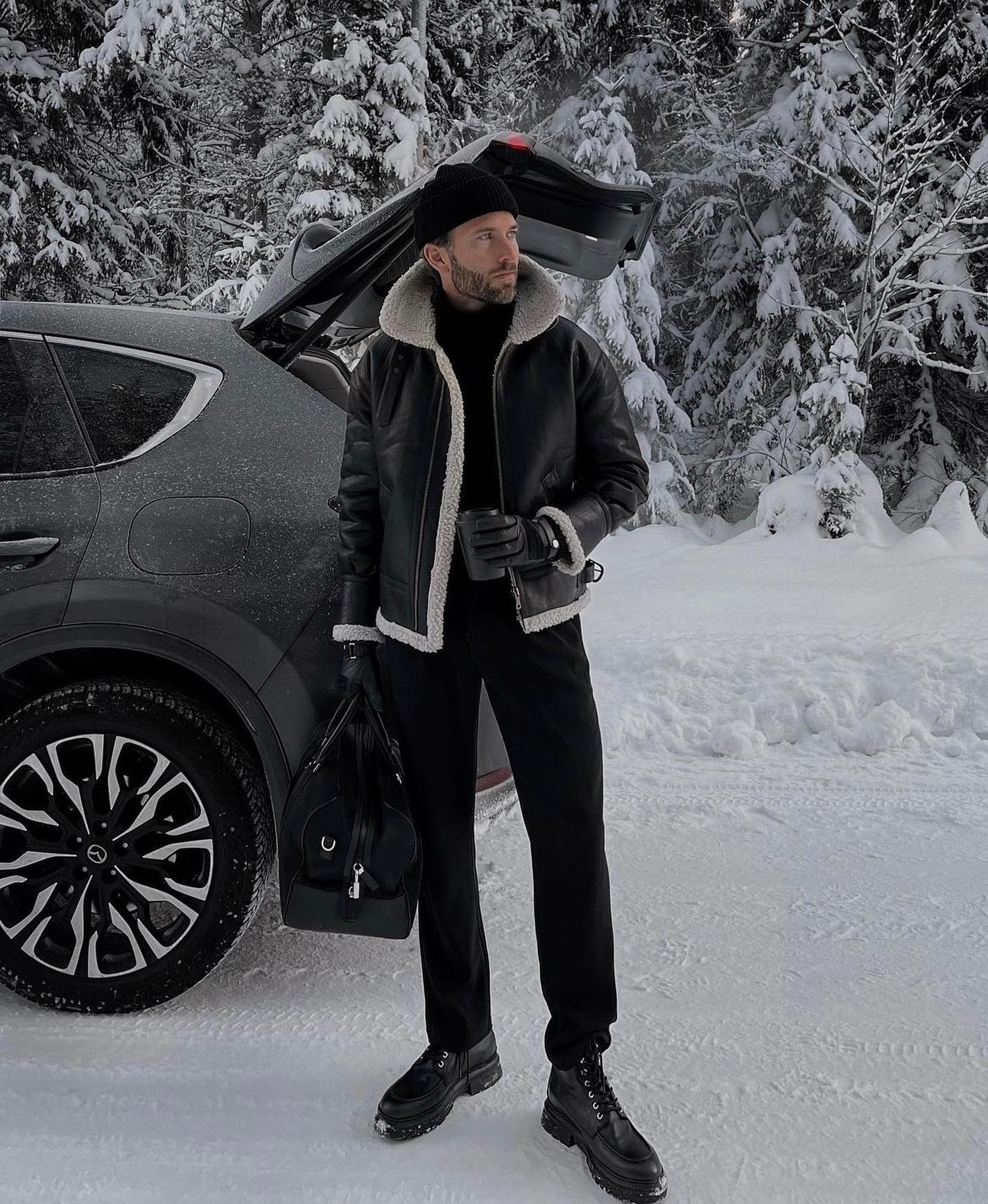 Black Leather Shearling Jacket Winter Travel Look