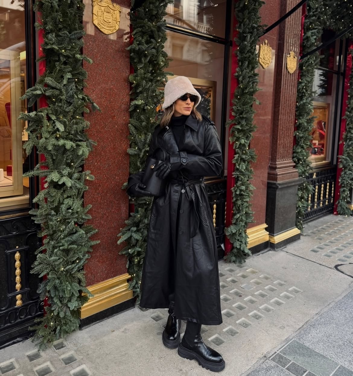 Black Leather Trench Coat With Faux Fur Bucket Hat