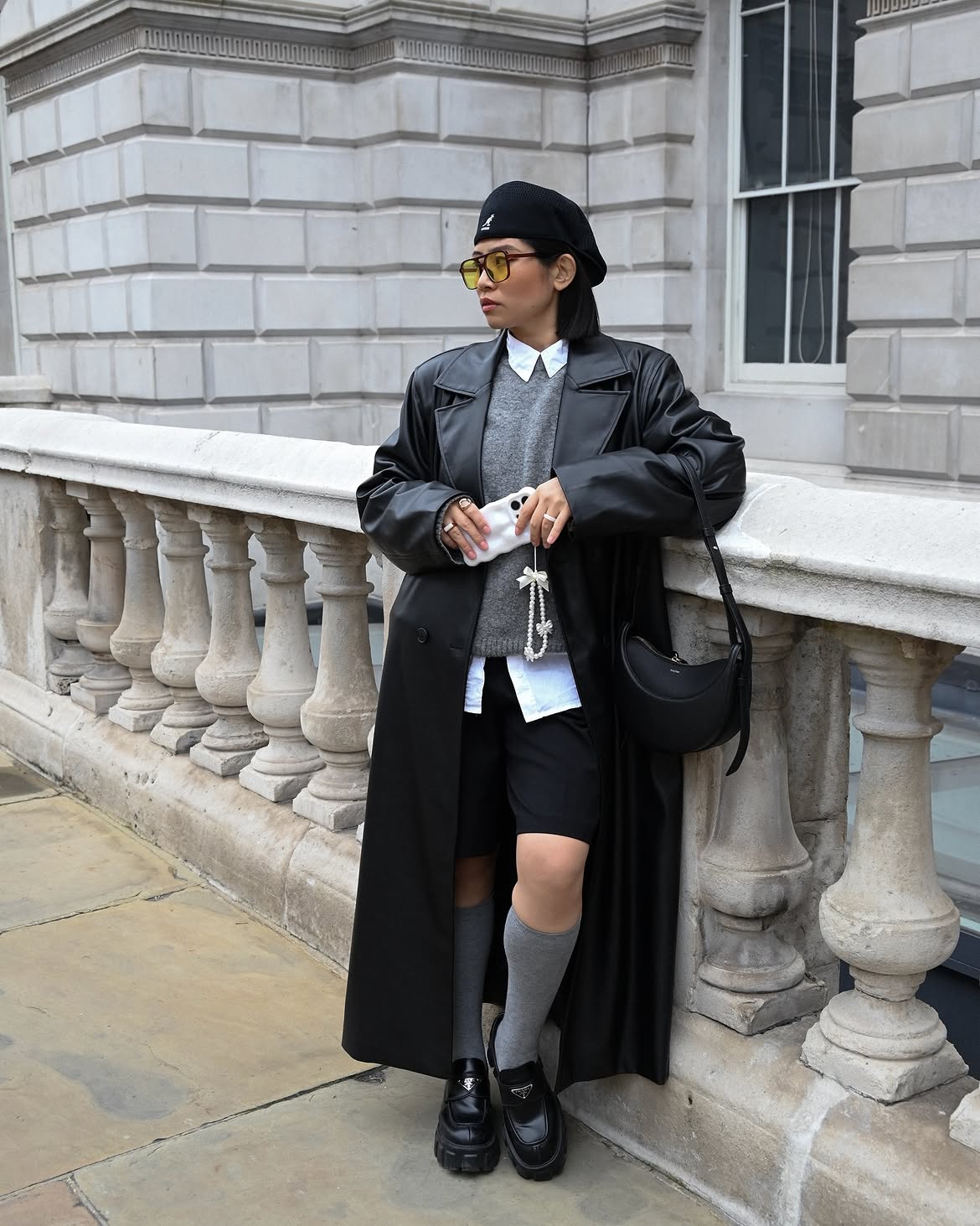 Black Leather Trench Coat With Grey Knit And Beret