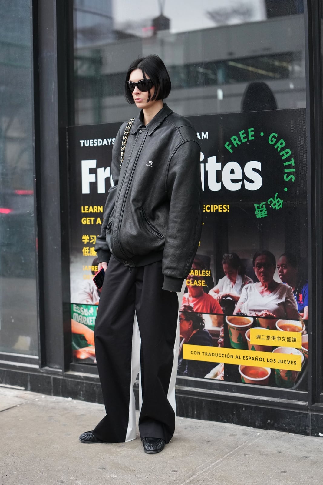 Black Loafers with Wide-Leg Trousers and Leather Jacket — Black Loafers Outfit