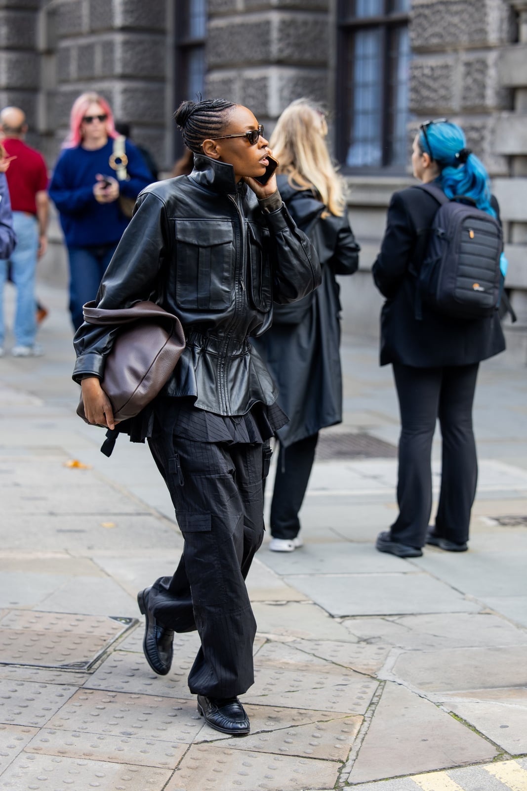 Black Loafers with Cargo Pants and Ruffled Leather Jacket — Black Loafers Outfit