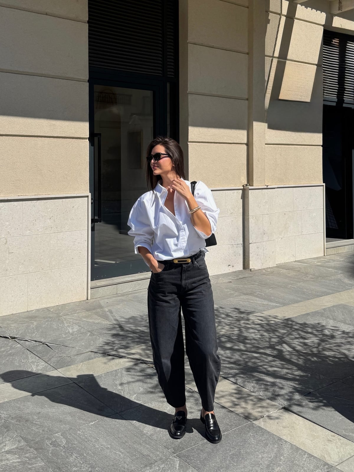 Black Loafers with Oversized Gray Trousers and White Shirt — Black Loafers Outfit