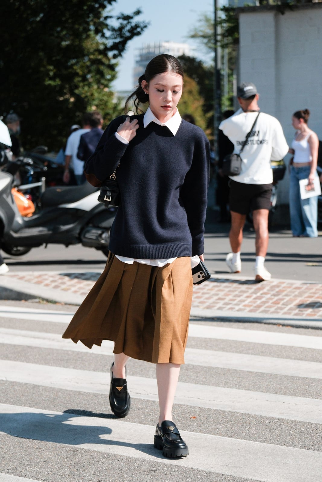 Chunky Black Loafers with a Pleated Skirt and Sweater — Black Loafers Outfit