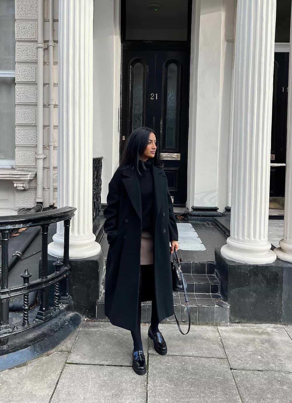 Black Patent Loafers with a Wool Coat and Turtleneck — Black Loafers Outfit