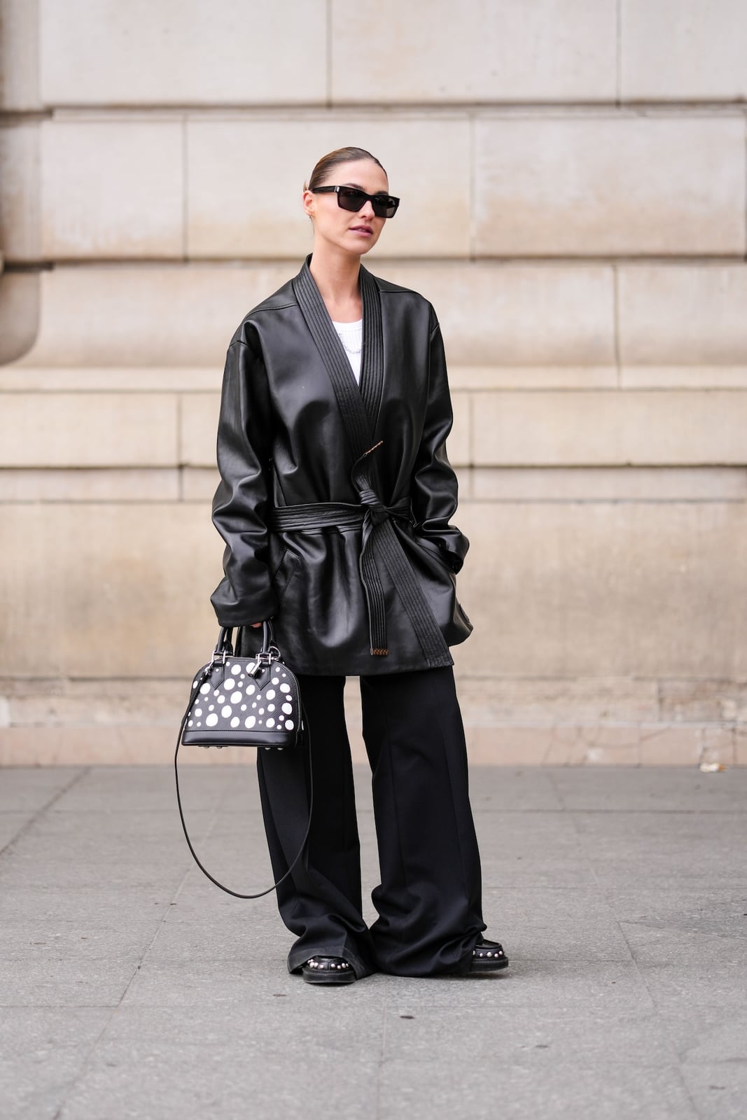 Chunky Black Loafers with Wide-Leg Pants and Robe Coat — Black Loafers Outfit