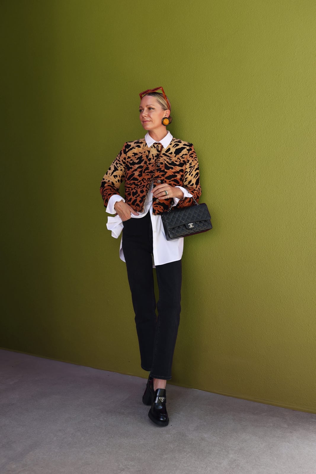 Black Loafers with Leopard Print Jacket and Trousers — Black Loafers Outfit
