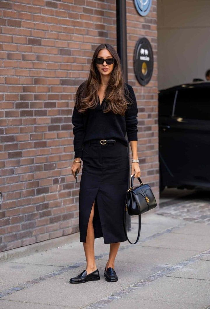 Monochromatic Black Loafers with Midi Skirt and Sweater — Black Loafers Outfit