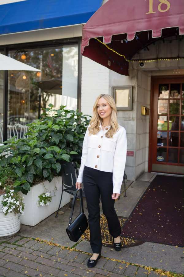 Black Quilted Loafers with Cropped Jacket and Trousers — Black Loafers Outfit