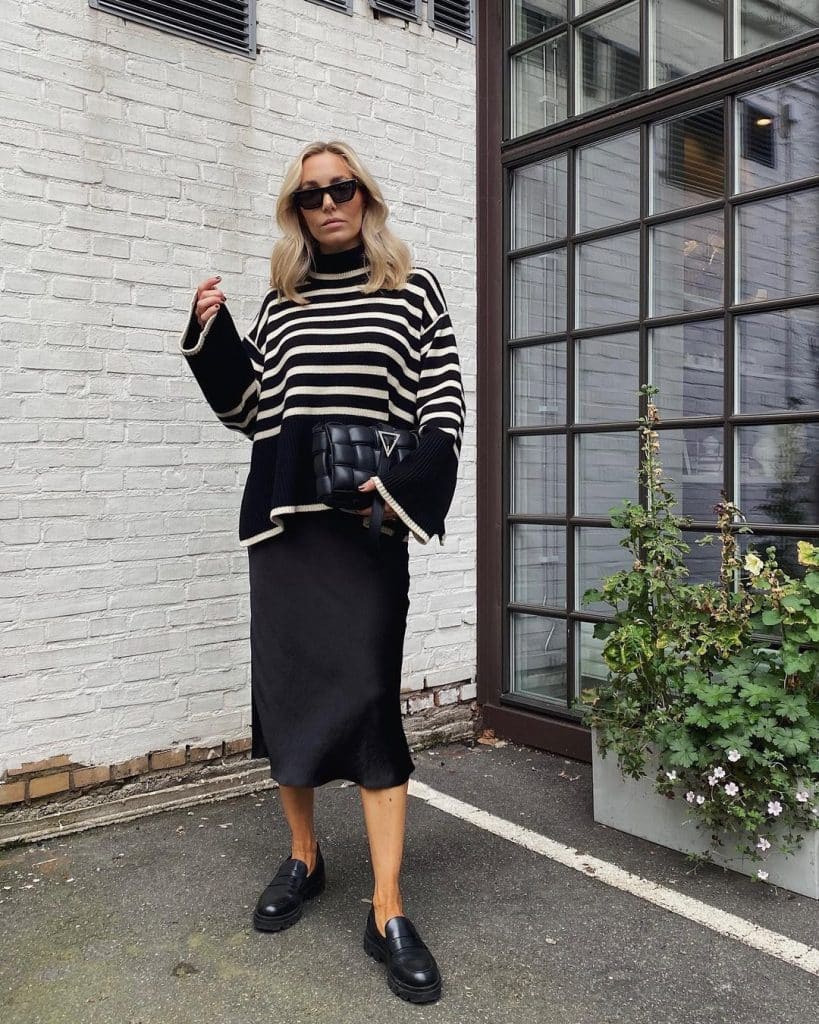 Black Loafers with Striped Sweater and Satin Slip Skirt — Black Loafers Outfit