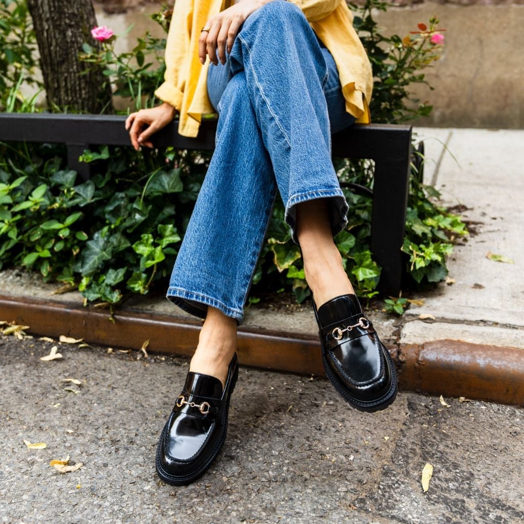Black Patent Loafers with Horsebit Detail and Yellow Shirt — Black Loafers Outfit