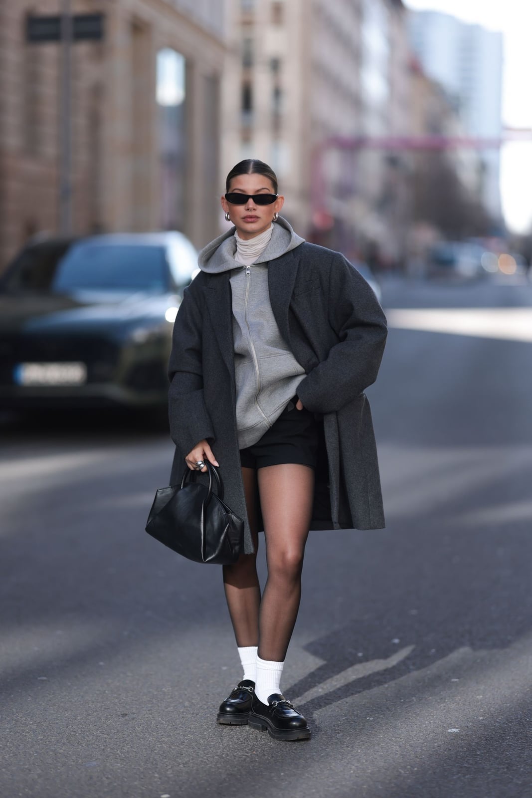 Casual Black Loafers with Shorts and a Gray Coat — Black Loafers Outfit