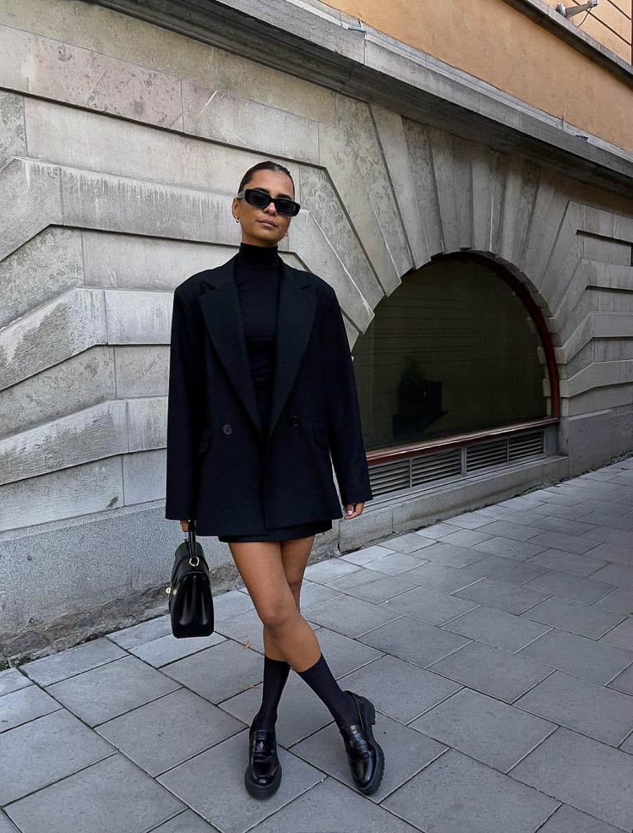 Monochromatic Black Loafers with a Mini Skirt and Blazer, Wool — Black Loafers Outfit