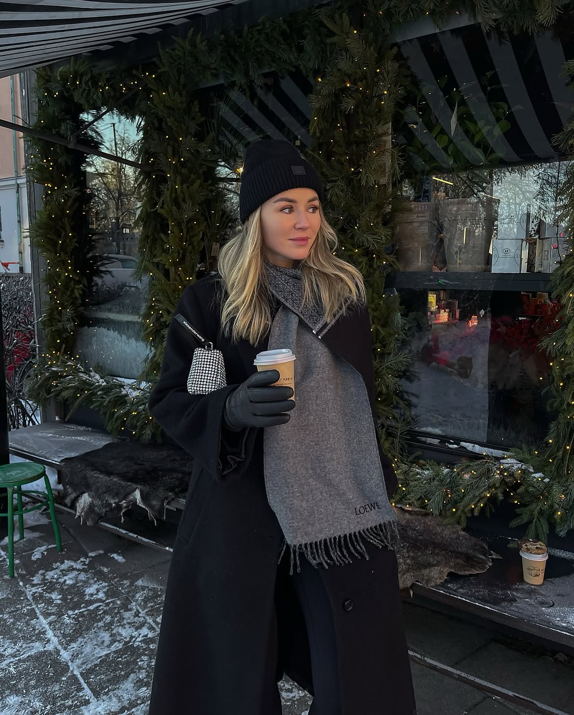 Black Long Wool Coat With Grey Scarf And Beanie