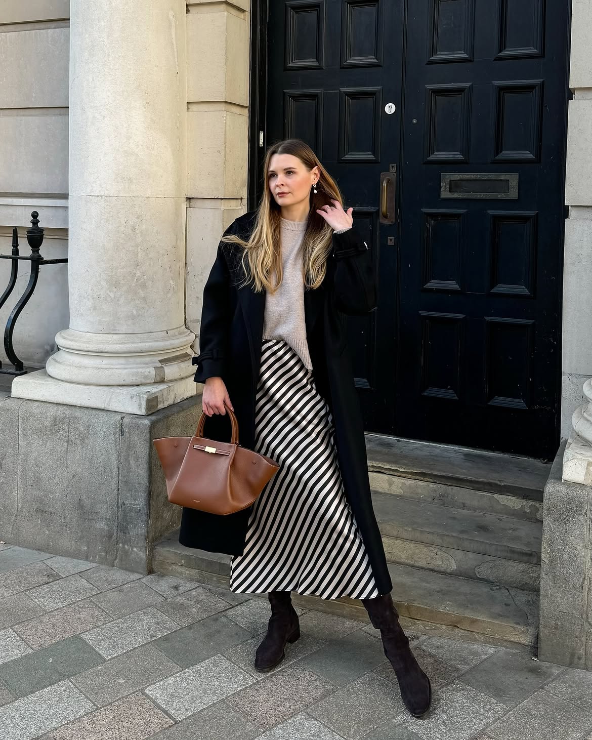 Black Maxi Coat With Striped Satin Skirt