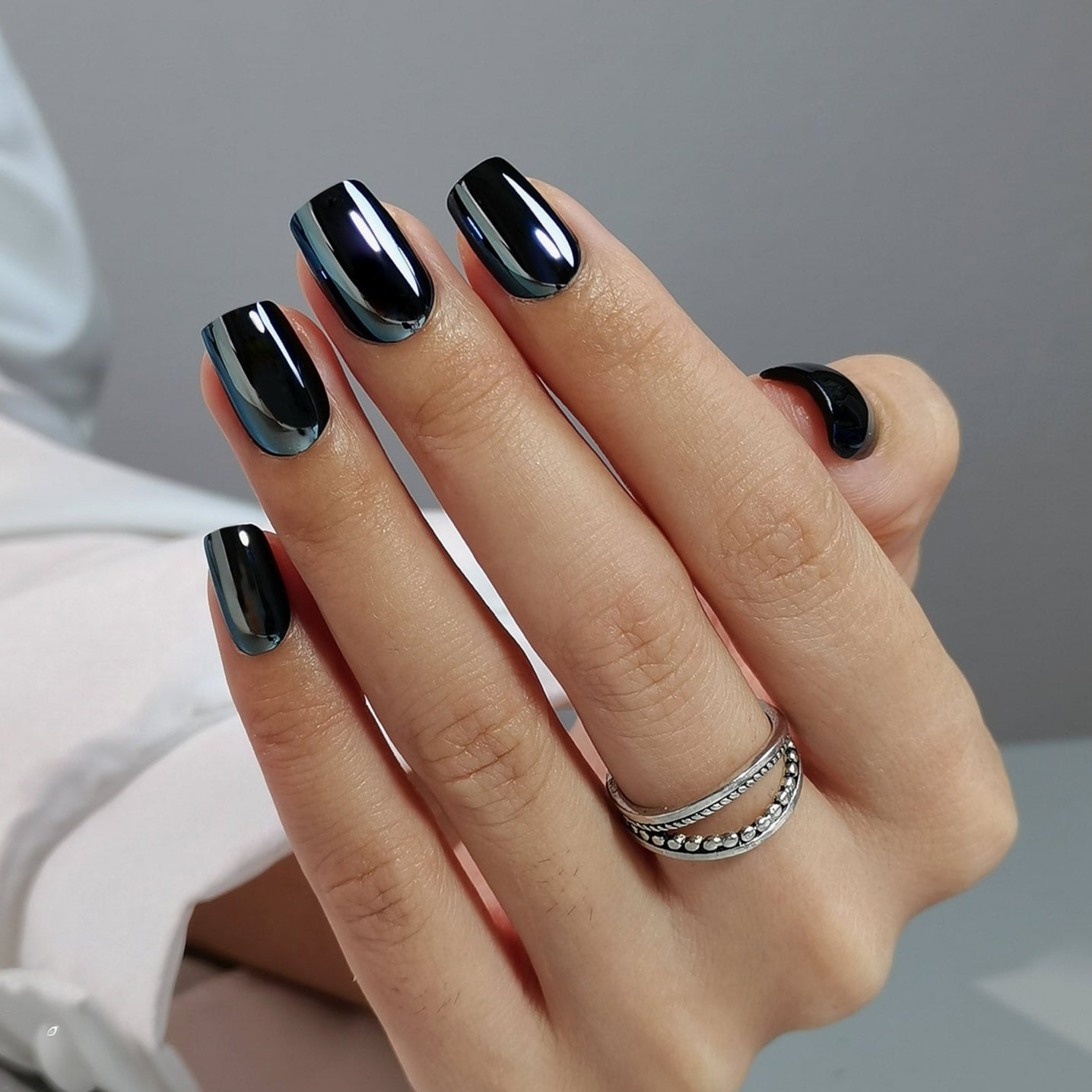 Short Square Black Chrome Nails Short Square Black Chrome Nails — Black Nails